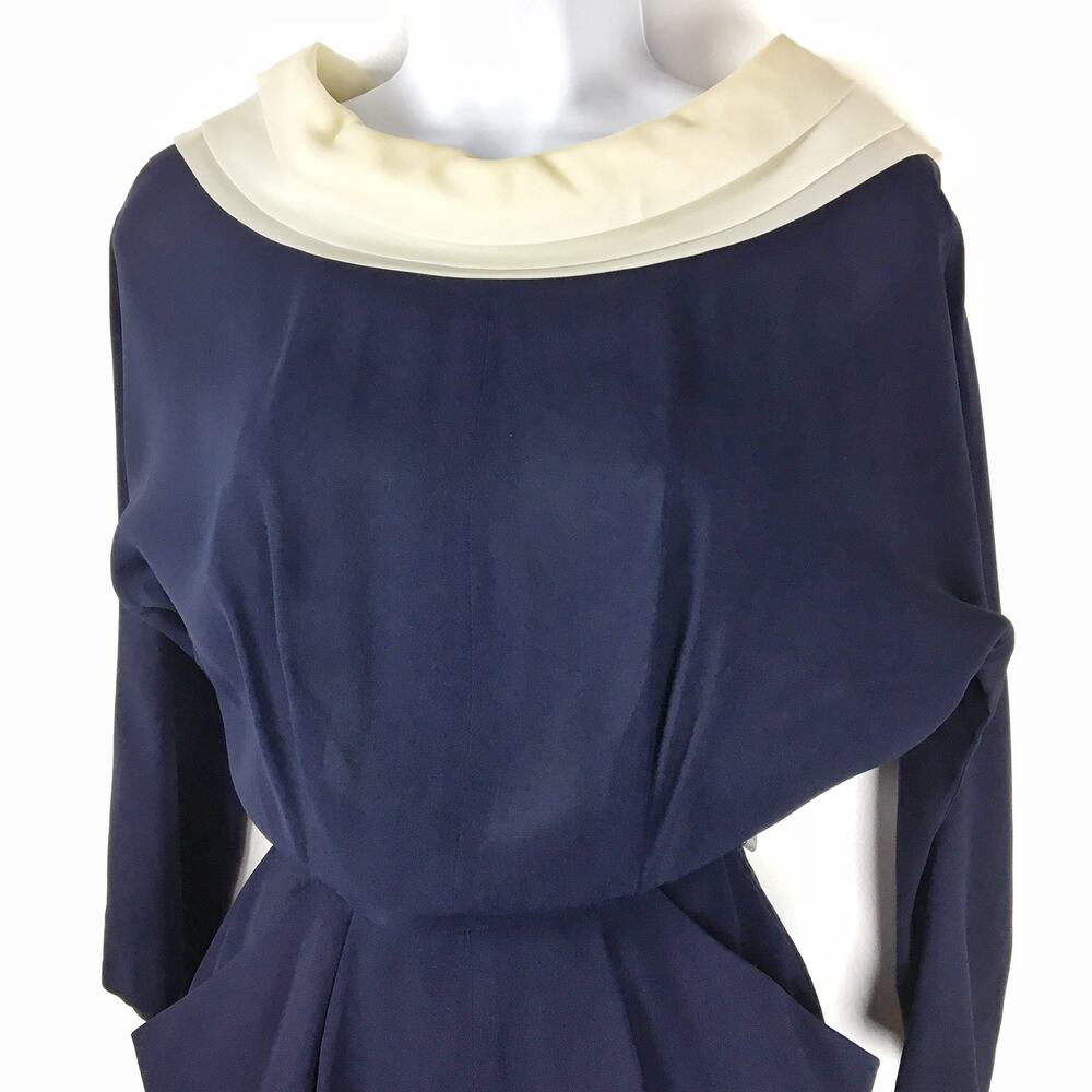 Vintage Jean Lang Navy Blue Dress 30s 40s 50s Draped Collar Size Extra Small